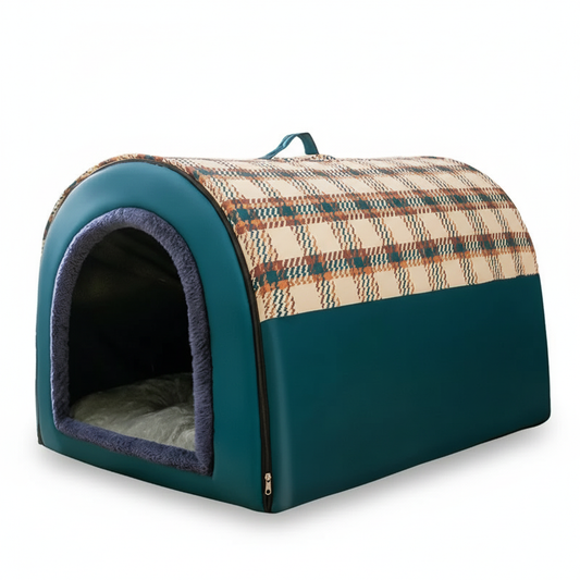 Niche pour petits chiens. Couleur verte bleue avec des motifs carreaux. Vendue sur la boutique Mon Petit Chihuahua. Convient aussi aux Chats.