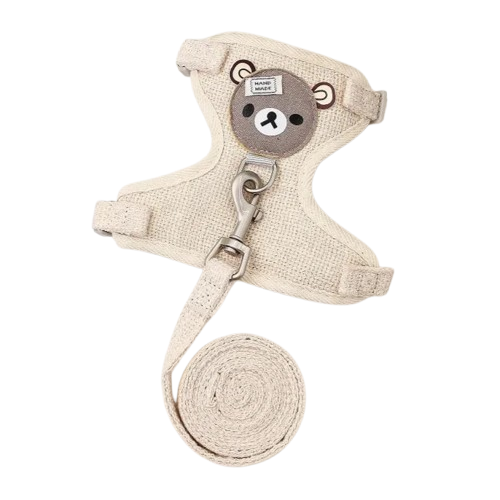 Collier pour Chihuahua avec harnais et laisse beige motifs nounours. Elégant, pour offrir confort et sécurité à votre petit chien ou chat