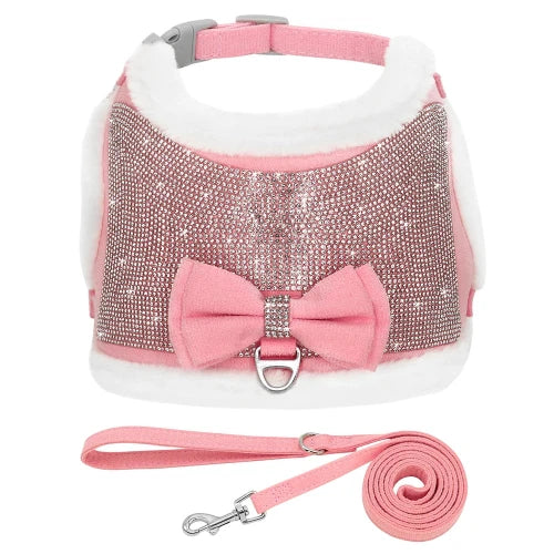 Harnais Chihuahua : Rose avec Strass + Laisse