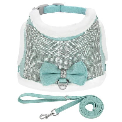 Collier pour Chihuahua : Harnais bleu et paillettes avec sa laisse. Tendance, pour offrir confort et sécurité à votre petit chien ou chat