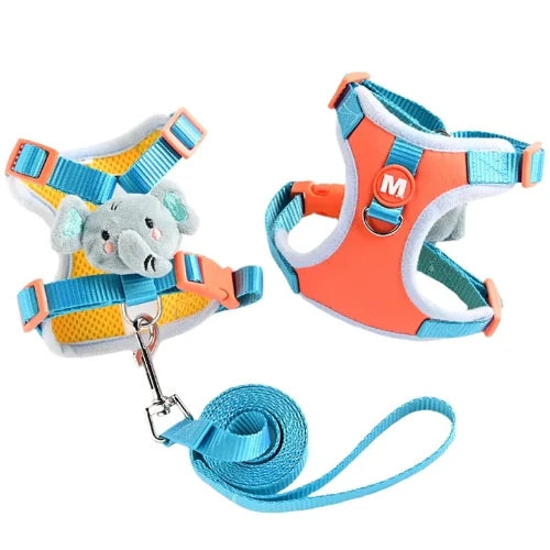 Collier pour Chihuahua : harnais orange et bleu avec peluche éléphant et une laisse. Tendance, pour offrir confort et sécurité à votre petit chien ou chat