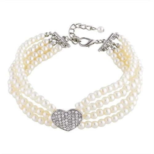 Collier Chihuahua : Perles + Coeur Blanc