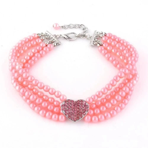 Collier Chihuahua : Perles + Coeur Rose