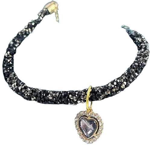Collier pour Chihuahua strass et paillettes noir avec un coeur. Élégant, pour offrir confort et sécurité à votre petit chien ou chat