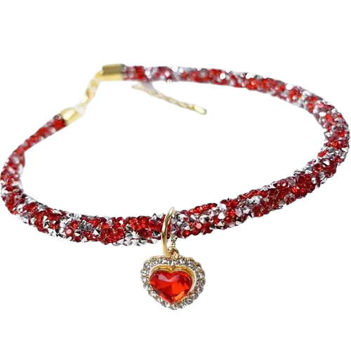 Collier pour Chihuahua strass et paillettes rouge avec un coeur. Élégant, pour offrir confort et sécurité à votre petit chien ou chat