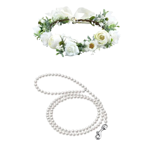 Collier Chihuahua : Fleurs Mariage + Laisse Perles