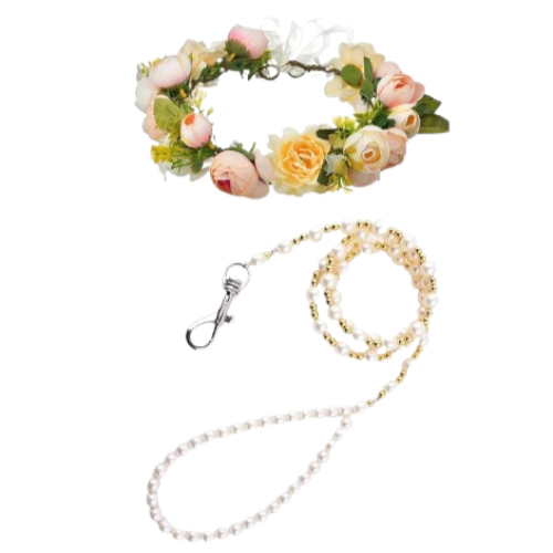Collier pour Chihuahua en fleurs jaunes et sa laisse en perles. Tendance, pour offrir confort et sécurité à votre petit chien ou chat