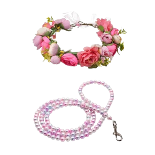 Collier Chihuahua : Fleurs Mariage + Laisse Perles