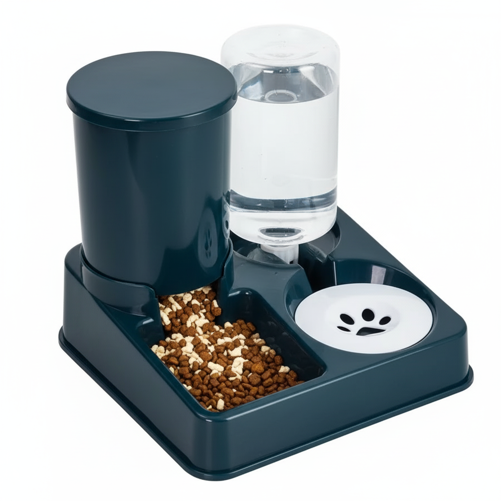 Gamelle double compartiment, automatique croquettes et eau. Adaptée à tous les petits chiens et les chats. Vendue sur la boutique Mon Petit Chihuahua. Couleur bleu foncé