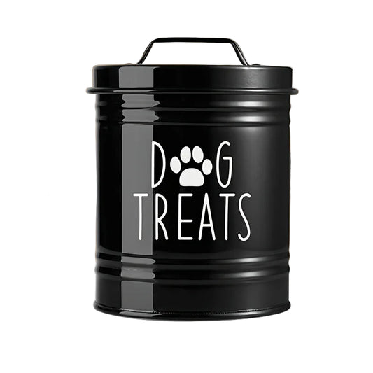 Boite à croquettes en métal, couleur noire. Pour la nourriture des petits chiens et chats. Vendue sur la boutique Mon Petit Chihuahua.