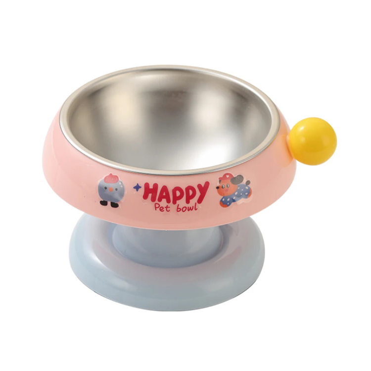 Gamelle surélevée pour chien, motifs Happy. Couleur rose et bleu. Adaptée à tous les petits chiens et les chats. Vendue sur la boutique Mon Petit Chihuahua.

