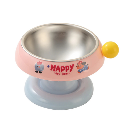 Gamelle surélevée pour chien, motifs Happy. Couleur rose et bleu. Adaptée à tous les petits chiens et les chats. Vendue sur la boutique Mon Petit Chihuahua.
