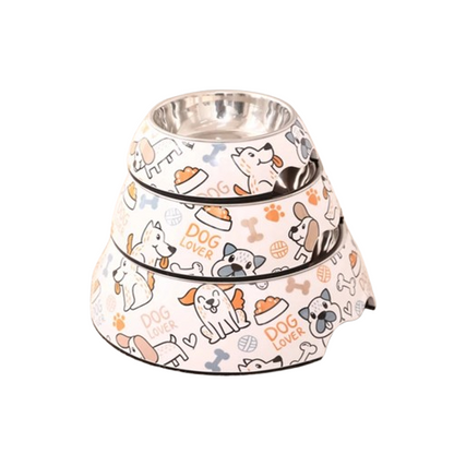 Gamelle en inox avec des motifs chiens, adaptée aux petits chiens et aux chats. Vendue sur la boutique Mon Petit Chihuahua. Vue des trois tailles disponibles