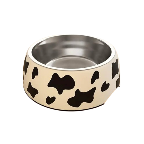 Gamelle Chien Inox beige motifs Vache adaptée aux petits chiens et aux chats. Vendue sur la boutique Mon Petit Chihuahua.
