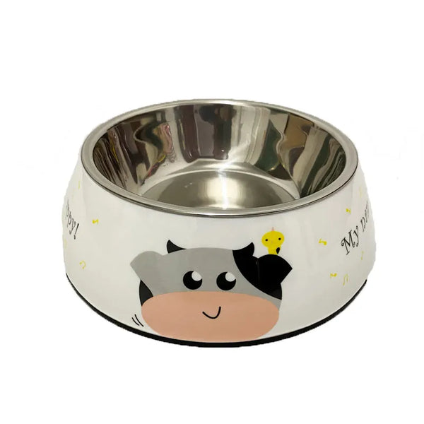 Dog Bowl: Beige stainless steel with cow pattern