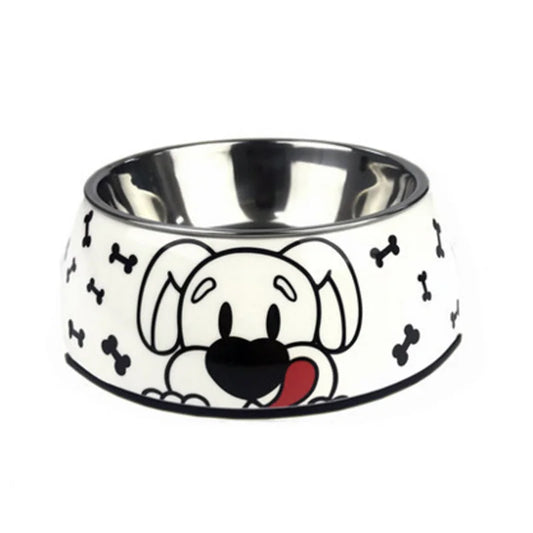Gamelle Chien Inox blanche motifs Chien adaptée aux petits chiens et aux chats. Vendue sur la boutique Mon Petit Chihuahua.
