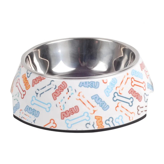 Gamelle Chien Inox blanche motifs OS adaptée aux petits chiens et aux chats. Vendue sur la boutique Mon Petit Chihuahua.
