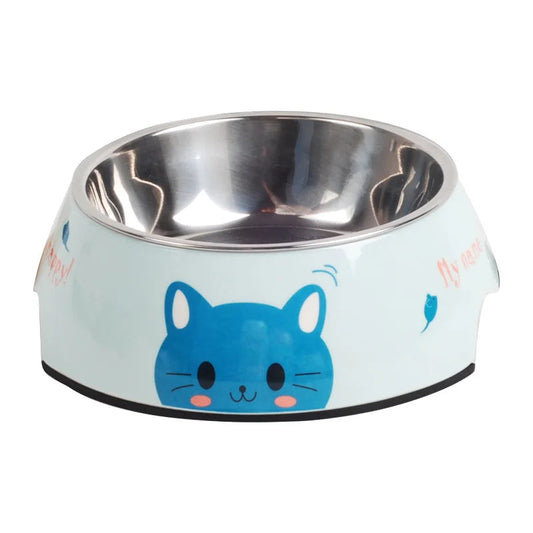 Gamelle Chien Inox bleue motifs Chats adaptée aux petits chiens et aux chats. Vendue sur la boutique Mon Petit Chihuahua.
