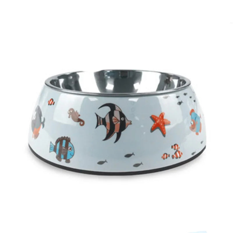 Gamelle Chien Inox bleue motifs Poissons adaptée aux petits chiens et aux chats. Vendue sur la boutique Mon Petit Chihuahua.
