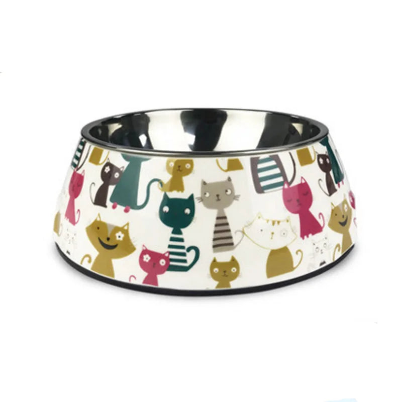 Gamelle Chien Inox motifs Chats multicolores adaptée aux petits chiens et aux chats. Vendue sur la boutique Mon Petit Chihuahua.
