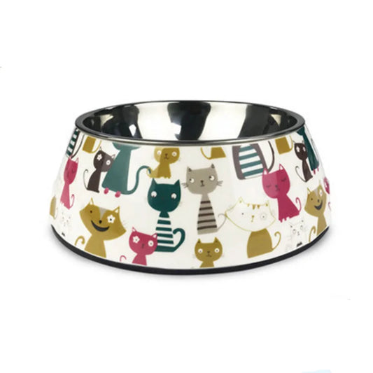 Gamelle Chien Inox motifs Chats multicolores adaptée aux petits chiens et aux chats. Vendue sur la boutique Mon Petit Chihuahua.

