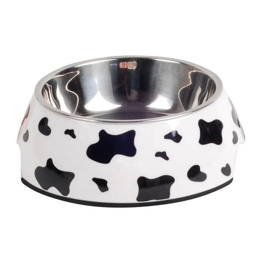 Gamelle inox aux motifs vaches adaptée aux petits chiens et aux chats. Vendue sur la boutique Mon Petit Chihuahua.
