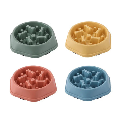 Gamelle anti gloutons avec des os en décoration. Matière plastique colorée résistante. Adaptée pour les croquettes et l’eau. Convient à tous les petits chiens et les chats. Vendue sur la boutique Mon Petit Chihuahua. Vue des 4 modèles disponibles.