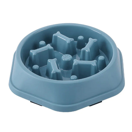 Gamelle anti gloutons avec des os en décoration. Matière plastique résistante de couleur bleu. Adaptée pour les croquettes et l’eau. Convient à tous les petits chiens et les chats. Vendue sur la boutique Mon Petit Chihuahua.