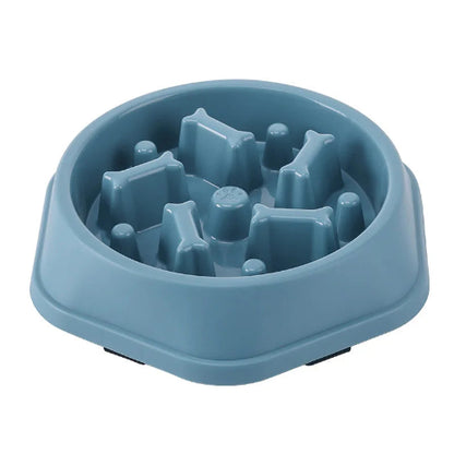 Gamelle anti gloutons avec des os en décoration. Matière plastique résistante de couleur bleu. Adaptée pour les croquettes et l’eau. Convient à tous les petits chiens et les chats. Vendue sur la boutique Mon Petit Chihuahua.