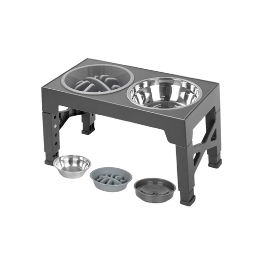 Gamelle double compartiment, réglable en hauteur, adaptée à tous les petits chiens et les gros. Vendue sur la boutique Mon Petit Chihuahua. Couleur gris