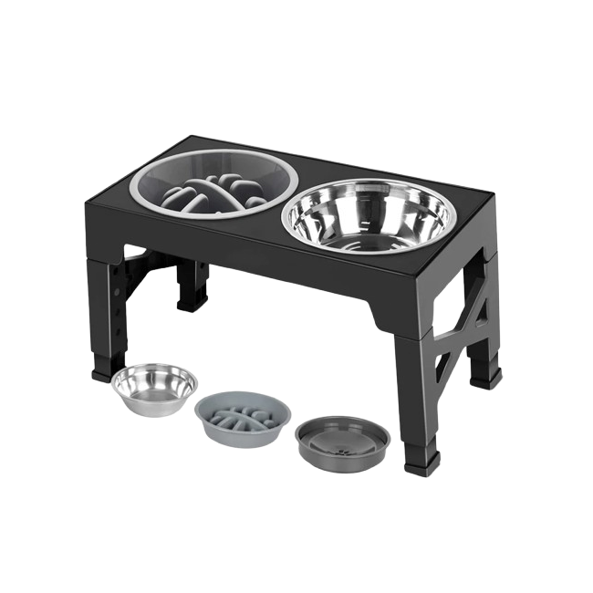 Gamelle double compartiment, réglable en hauteur, adaptée à tous les petits chiens et les gros. Vendue sur la boutique Mon Petit Chihuahua. Couleur noire