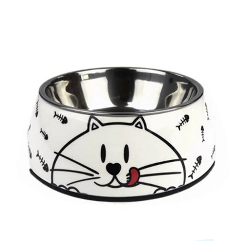 Gamelle Chien Inox blanche motifs Chats adaptée aux petits chiens et aux chats. Vendue sur la boutique Mon Petit Chihuahua.
