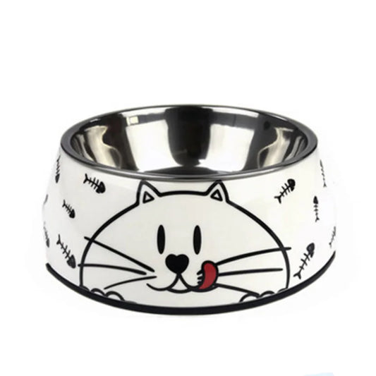 Gamelle Chien Inox blanche motifs Chats adaptée aux petits chiens et aux chats. Vendue sur la boutique Mon Petit Chihuahua.
