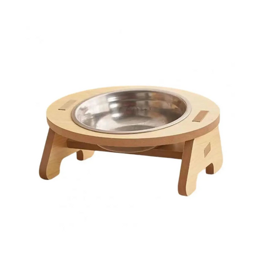 Gamelle simple compartiment, pour croquettes et eau. Adaptée à tous les petits chiens et les chats. Support en bois. Vendue sur la boutique Mon Petit Chihuahua. 
