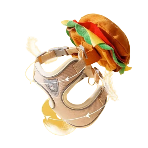 Harnais avec sac motif hamburger mcdo sur le dos et sa laisse assortie pour petit chien. Réglable et confortable, convient aux petits chiens, chihuahuas, ou aux chats.