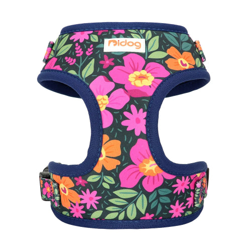 Harnais pour chiens bleu marine avec motifs fleurs. Confortable, convient aux petits chiens, chihuahuas, ou aux chats. Vendu dans la boutique « Mon Petit Chihuahua »