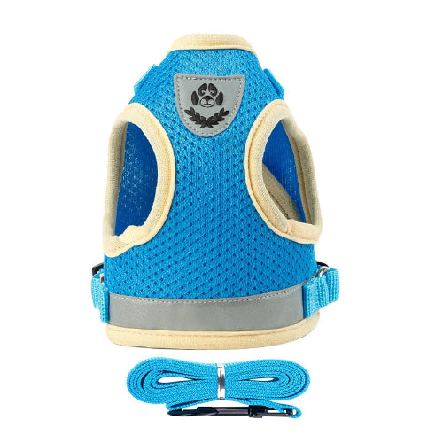 Harnais pour chiens bleu réfléchissant. Vendu avec sa Laisse assortie. Confortable, convient aux petits chiens, chihuahuas, ou aux chats. Vendu dans la boutique « Mon Petit Chihuahua »