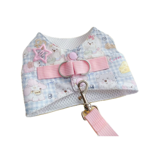 Harnais pour chiens bleu et rose avec motifs Chiots. Vendu avec sa Laisse assortie. Confortable, convient aux petits chiens, chihuahuas, ou aux chats. Vendu dans la boutique « Mon Petit Chihuahua »