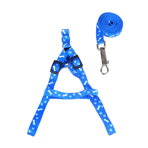 Harnais bleu aux motifs os pour petit chien avec sa laisse assortie. Confortable, convient aux petits chiens, chihuahuas, ou aux chats.