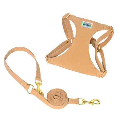 Harnais couleur café beige et doré pour chiens. Vendu avec sa Laisse assortie. Confortable, convient aux petits chiens, chihuahuas, ou aux chats. Vendu dans la boutique « Mon Petit Chihuahua »
