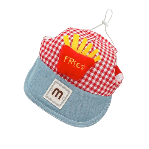Casquette rouge et bleue motif Mc Do pour petit chien avec harnais assorti. Confortable, convient aux petits chiens, chihuahuas, ou aux chats.