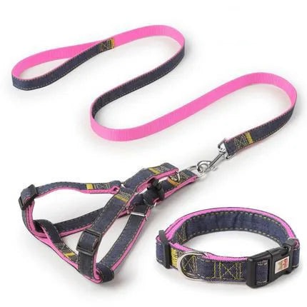 Harnais noir et rose pour petit chien avec collier et laisse assortie. Confortable, convient aux petits chiens, chihuahuas, ou aux chats.
