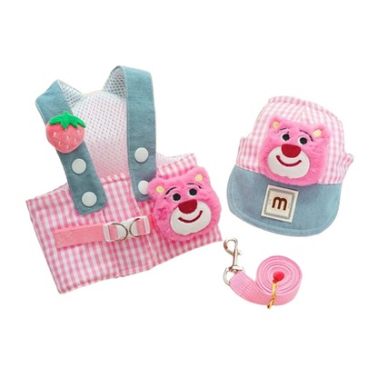 Harnais rose et bleu avec motif nounours pour petit chien avec casquette et laisse assortie. Confortable, convient aux petits chiens, chihuahuas, ou aux chats.