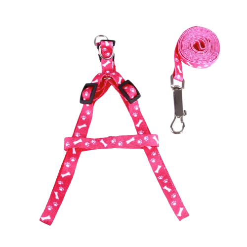 Harnais fuchsia aux motifs os pour petit chien avec sa laisse assortie. Confortable, convient aux petits chiens, chihuahuas, ou aux chats.