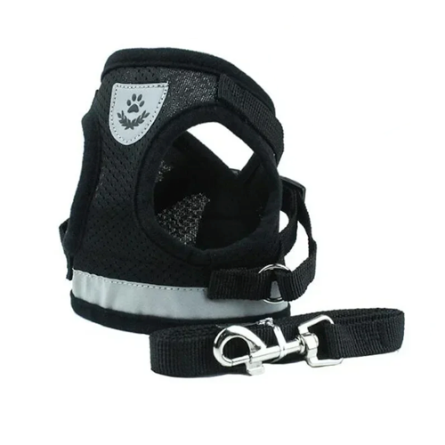 Harnais : gilet réfléchissant noir pour petit chien avec sa laisse assortie. Confortable, convient aux petits chiens, chihuahuas, ou aux chats.