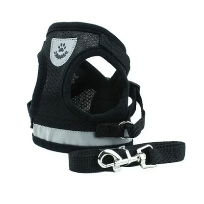 Harnais : gilet réfléchissant noir pour petit chien avec sa laisse assortie. Confortable, convient aux petits chiens, chihuahuas, ou aux chats.