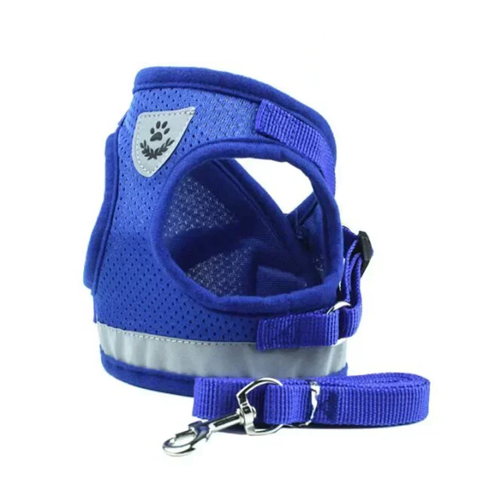 Harnais : gilet réfléchissant bleu pour petit chien avec sa laisse assortie. Confortable, convient aux petits chiens, chihuahuas, ou aux chats.