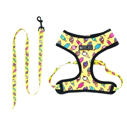 Harnais pour chiens jaune avec motifs glaces. Vendu avec sa Laisse assortie. Confortable, convient aux petits chiens, chihuahuas, ou aux chats. Vendu dans la boutique « Mon Petit Chihuahua »