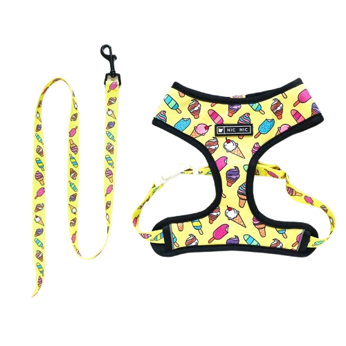 Harnais pour chiens jaune avec motifs glaces. Vendu avec sa Laisse assortie. Confortable, convient aux petits chiens, chihuahuas, ou aux chats. Vendu dans la boutique « Mon Petit Chihuahua »