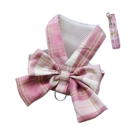 Chihuahua Harness: Pink Plaid Skirt + Leash